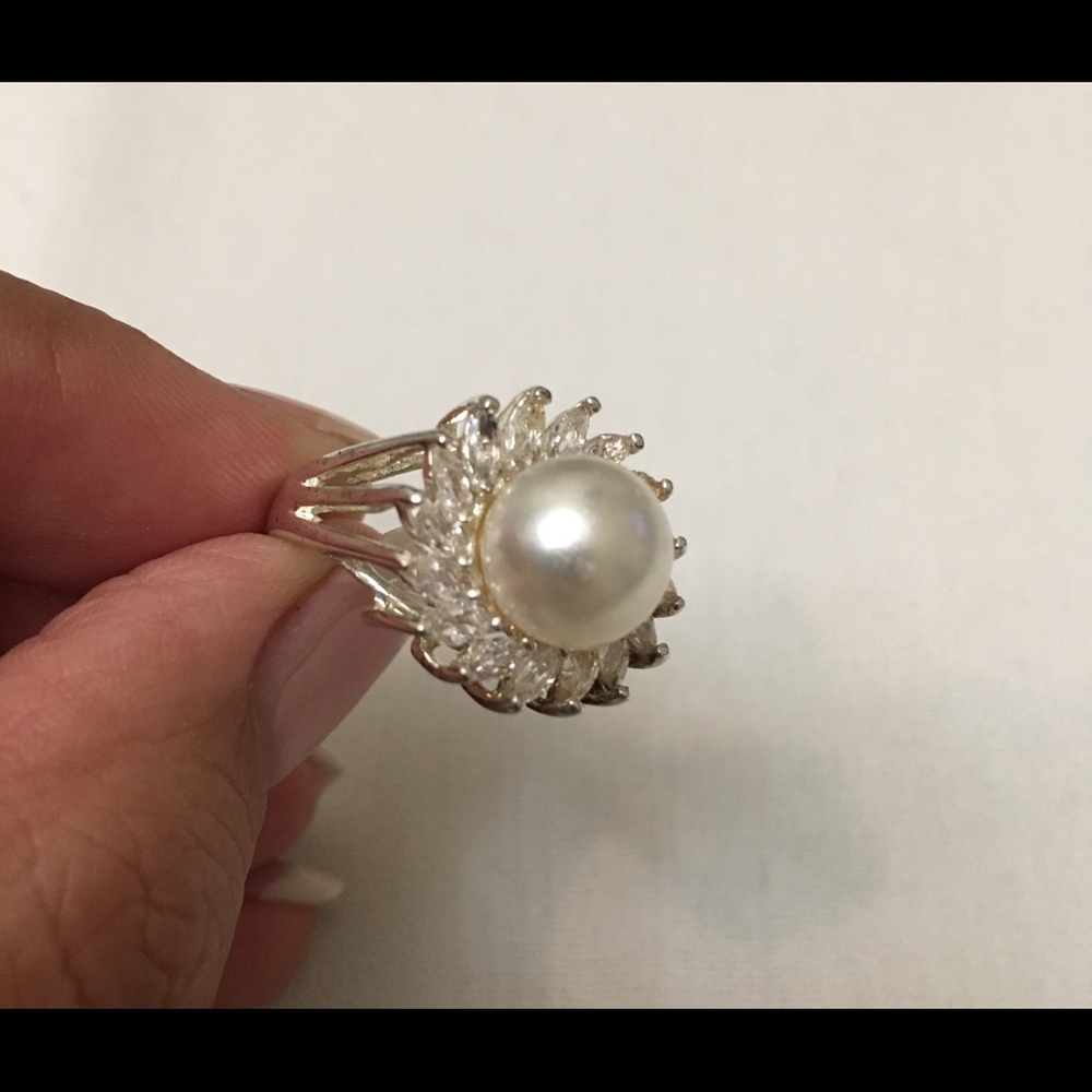 Marquise CZ Faux Pearl Sterling Ring SZ 6